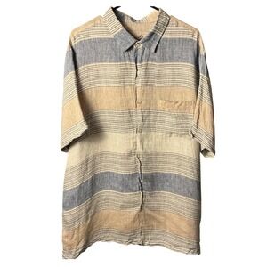 Tasso Elba Mens XXL 100% Linen Short Sleeve Button Down Striped Shirt Blue Tan
